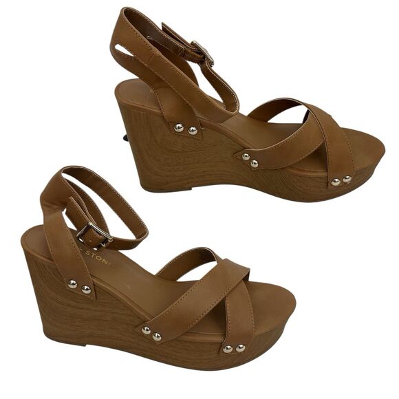 Sun + Stone Shoes - Sun + Stone Women’s Tiaraa Ankle Strap Heeled Wedge Sandals Size 10M Brown